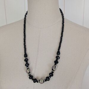 Vintage Black Beaded Necklace-Murano Glass Style Rose and Gold Beads - 25"